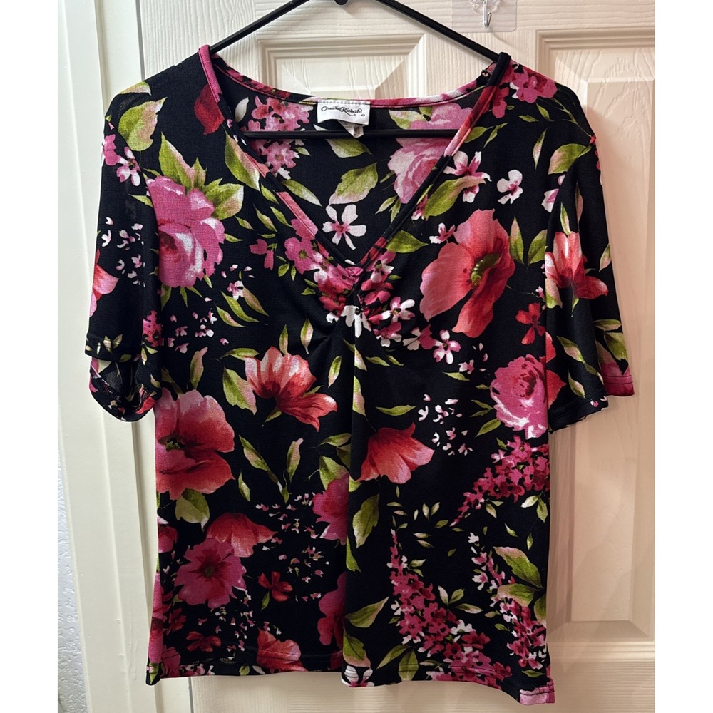 Claudia Richard Floral Blouse XL Pink Black Short Sleeve V-Neck Pullover Top